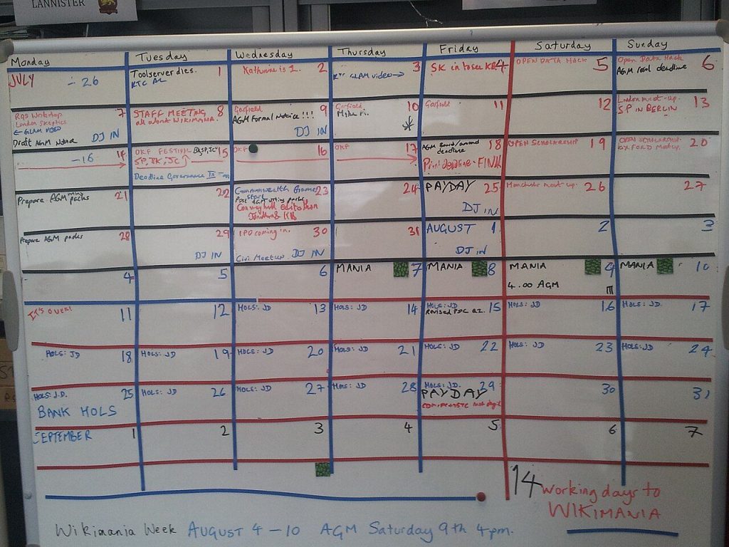 Whiteboard with a project planning schedule grid