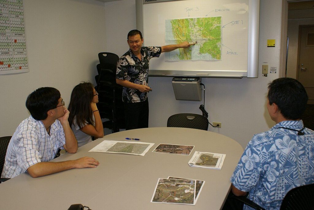 Team meeting with a map on the whiteboard